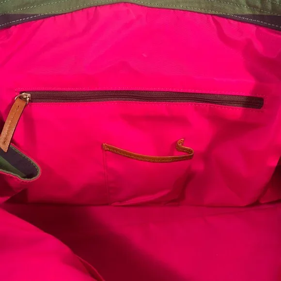 Dooney & Bourke Green Blue Striped Fabric Brown Leather Strap Large Tote Bag - Picture 7 of 10